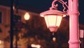 Glowing lantern illuminates night, hanging in elegant old fashioned architecture generated by AI