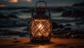 Glowing lantern illuminates old fashioned coastline at dusk generated by AI