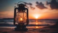 Glowing lantern illuminates romantic sunset on coastline generated by AI