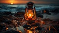 Glowing lantern illuminates tranquil coastline, creating a romantic twilight scene generated by AI