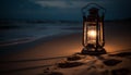 Glowing lantern illuminates tranquil coastline at dusk generated by AI