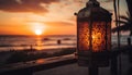 Glowing lantern illuminates tranquil coastline at dusk generated by AI