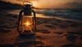 Glowing lantern illuminates tranquil coastline at dusk generated by AI