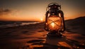 Glowing lantern illuminates tranquil coastline at dusk generated by AI