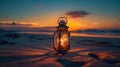 Glowing lantern illuminates tranquil dusk on beach, AI Generative