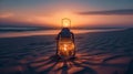 Glowing lantern illuminates tranquil dusk on beach, AI Generative