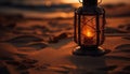 Glowing lantern illuminates tranquil summer coastline adventure generated by AI