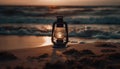 Glowing lantern illuminates tranquil summer coastline scene generated by AI