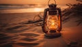 Glowing lantern illuminates tranquil sunset on coastline generated by AI