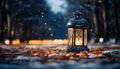 Glowing lantern illuminates winter night, decorating snowy nature generated by AI