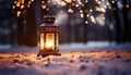 Glowing lantern illuminates winter night, snow covered tree decoration generated by AI Royalty Free Stock Photo