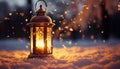 Glowing lantern illuminates winter night, symbolizing celebration generated by AI