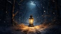 A glowing lantern illuminating a path through a snowy forest Royalty Free Stock Photo