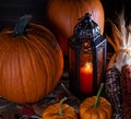 Glowing Lantern With Pumpkins and Corn