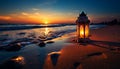 a glowing Lantern on sand in beach at sunset generative AI
