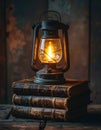 A Glowing Lantern on a Stack of Vintage Books Royalty Free Stock Photo