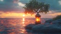 Glowing lantern under a tree at sunset by the sea Royalty Free Stock Photo