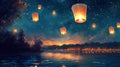 Glowing Lanterns Ascend Over a Still Lake at Dusk Royalty Free Stock Photo
