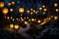 Glowing lanterns illuminating a serene New Year\'s garden