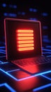 glowing laptop battery with red neon bars on digital background evokes innovation Royalty Free Stock Photo