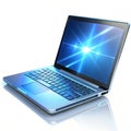Glowing laptop with floating keys and animated screen