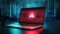 glowing laptop screen displays red error message surrounded by dark shadows and floating binary code, creating sense of urgency Royalty Free Stock Photo