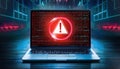 glowing laptop screen displays red error message surrounded by dark shadows and floating binary code, creating sense of urgency Royalty Free Stock Photo