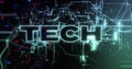 Glowing large TECH lettering pulsating in virtual interface, with neon circuits, nodes and flickers Royalty Free Stock Photo