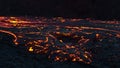 Glowing lava flow at eruption site of volcano in Geldingadalir valley near Fagradalsfjall, GrindavÃÂ­k, Reykjanes, Iceland.