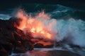 glowing lava illuminating sea spray at night