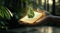Luminous leaves held in hands with radiant energy Generative AI Illustration