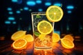 Glowing lemonade symbol shines, evoking sunny satisfaction at urban refreshment stops.