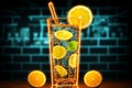 Glowing lemonade symbol shines, evoking sunny satisfaction at urban refreshment stops.