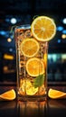 Glowing lemonade symbol shines, evoking sunny satisfaction at urban refreshment stops.