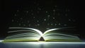 Glowing letters mysteriously vaporize from the open book. Reading or literature related 3D rendering