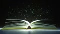 Glowing letters mysteriously vaporize from the open book. Reading or literature related animation