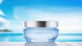 Glowing Light Blue Skincare Container with Ocean Background AI Generated