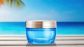 Glowing Light Blue Skincare Container with Ocean Background AI Generated