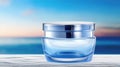 Glowing Light Blue Skincare Container with Ocean Background AI Generated