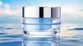 Glowing Light Blue Skincare Container with Ocean Background AI Generated