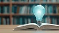 A glowing light bulb above an open book symbolizes bright ideas. Experience the magic of knowledge in motion Royalty Free Stock Photo