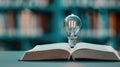 A glowing light bulb above an open book symbolizes bright ideas. Experience the magic of knowledge in motion Royalty Free Stock Photo