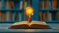 A glowing light bulb above an open book symbolizes bright ideas. Experience the magic of knowledge in motion Royalty Free Stock Photo
