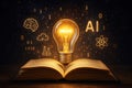 AI light bulb above open book with scientific symbols and binary code artificial intelligence idea Royalty Free Stock Photo