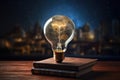 Glowing light bulb on book and city background. 3D rendering, Intellectual Property Copyright for copyrighted material, AI Royalty Free Stock Photo