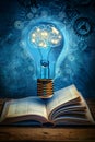 Glowing Light Bulb with Brain Inside on Open Book, Concept of Knowledge, Creativity, and Innovation Royalty Free Stock Photo
