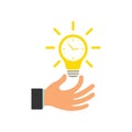 Glowing light bulb in a businessman\'s hand. Clock inside a light bulb. Time concept. Illustration Royalty Free Stock Photo