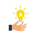 Glowing light bulb in a businessman\'s hand. Flame energy in a light bulb. Illustration