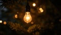Glowing light bulb on Christmas tree with bokeh background. Royalty Free Stock Photo