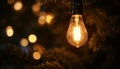 Glowing light bulb on Christmas tree with bokeh background. Royalty Free Stock Photo